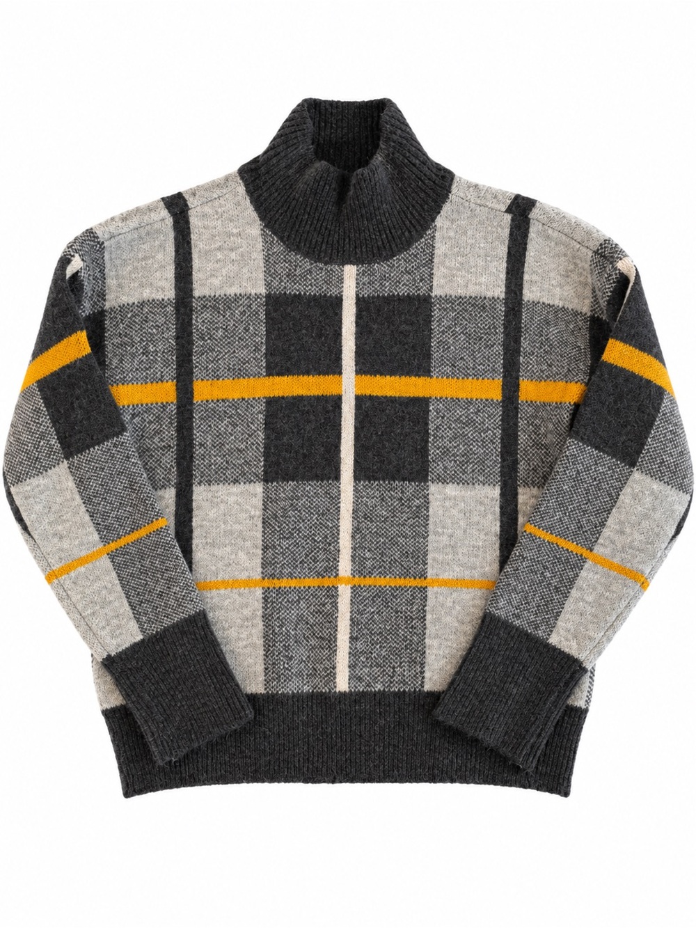 Women’s Charcoal & Gray Plaid Funnel Neck Sweater with Mustard Accents